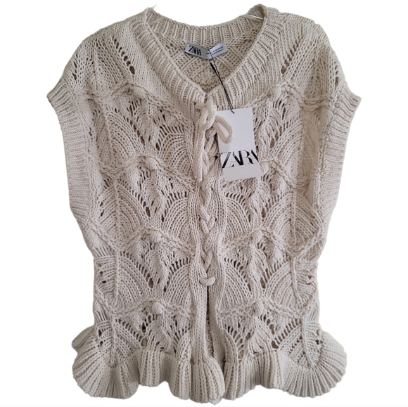 NWT Zara Ruffled Knit Drawstring Top in Cream XS Flounce Hem Tie Front Closure - Picture 3 of 8